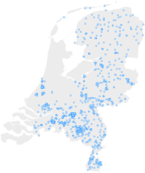 Plattegrond van Nederland met daarin locaties van EVnetNL palen